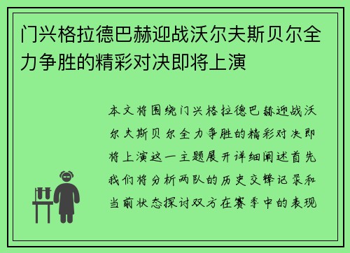 门兴格拉德巴赫迎战沃尔夫斯贝尔全力争胜的精彩对决即将上演
